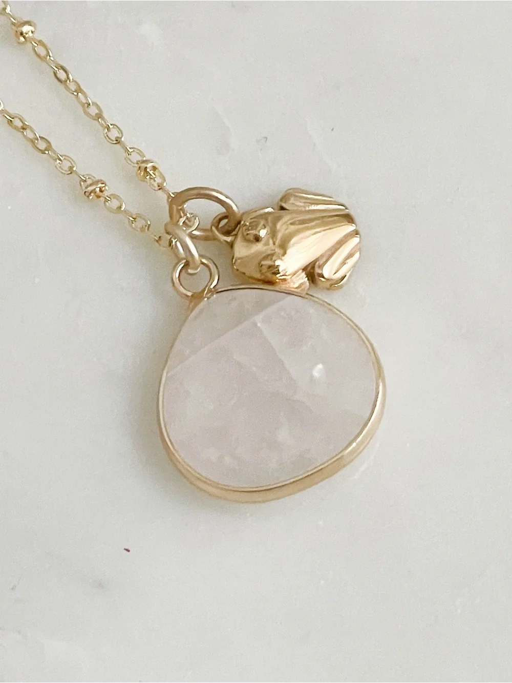 Gold Faceted quartz crystal frog charm necklace